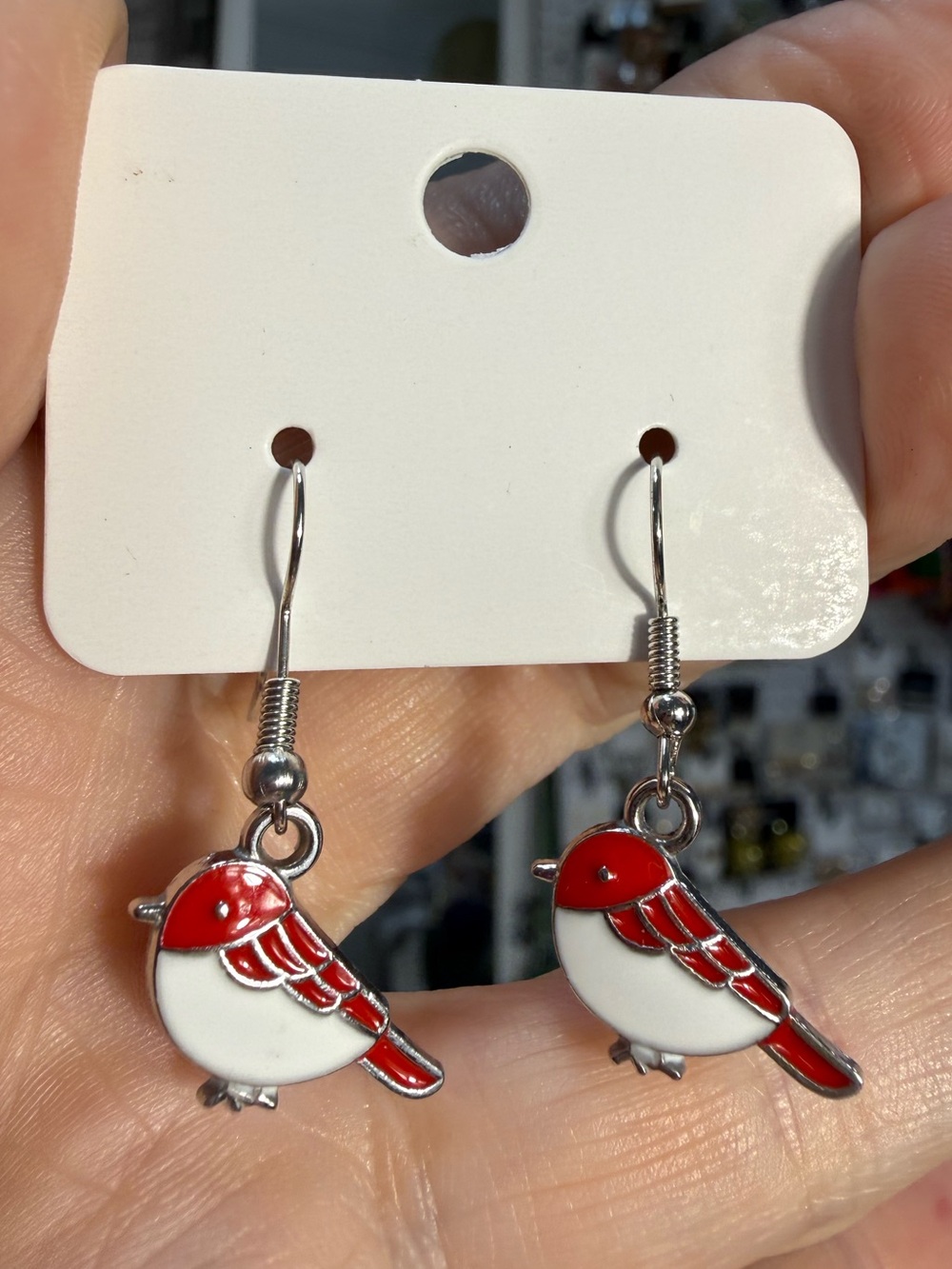 Bird-Shaped Red & White Enamel Dangle Earrings - Pets Bird